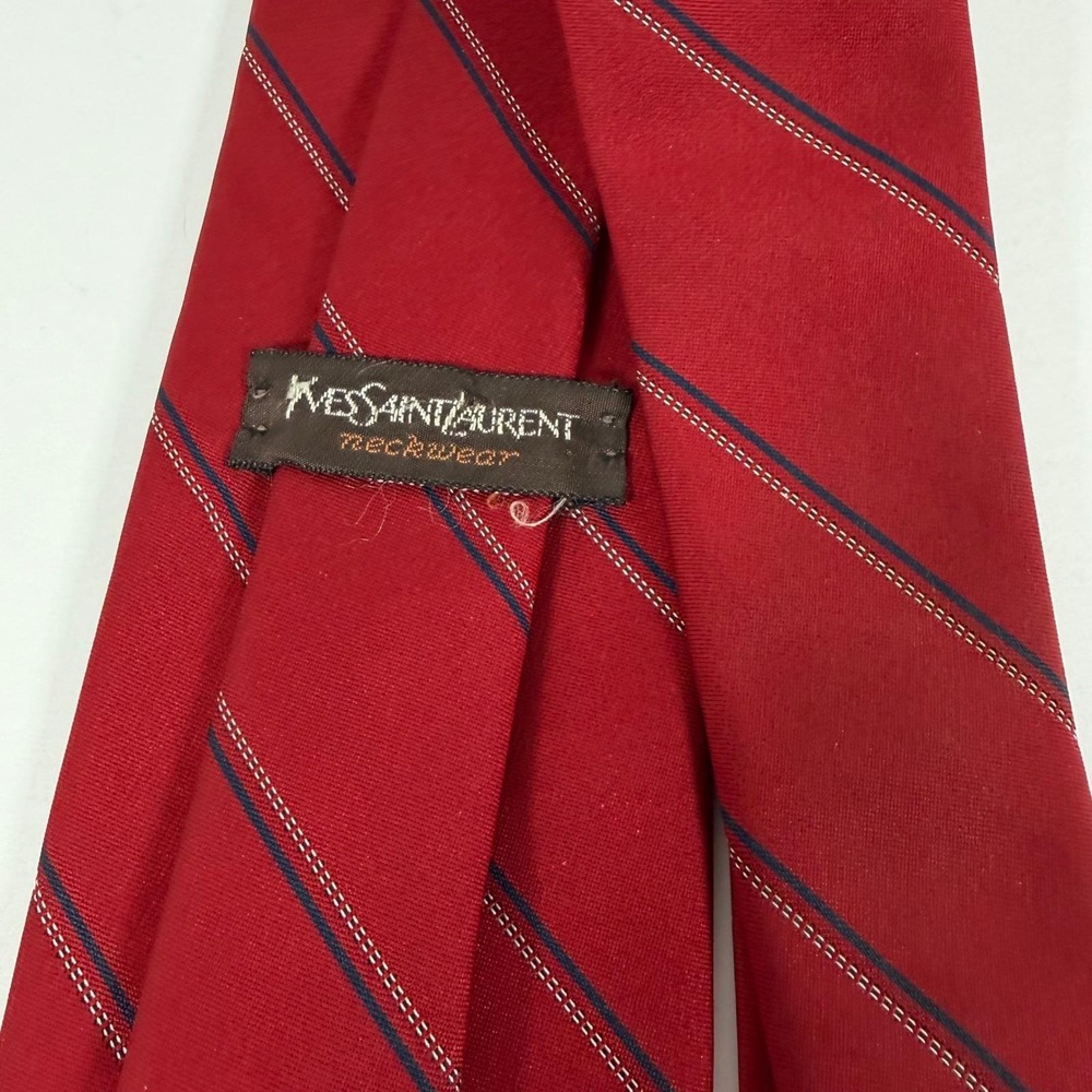 Vintage YSL Yves Saint Laurent Red Silk Striped Tie 3.5" Navy White Prep